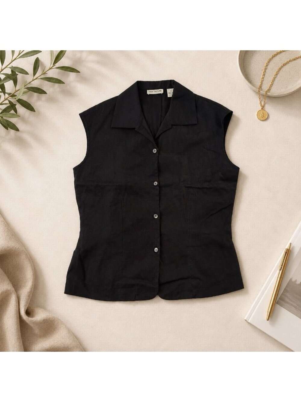 Ann Taylor Black Sleeveless 100% Linen Top Womens Size 4 Button Down